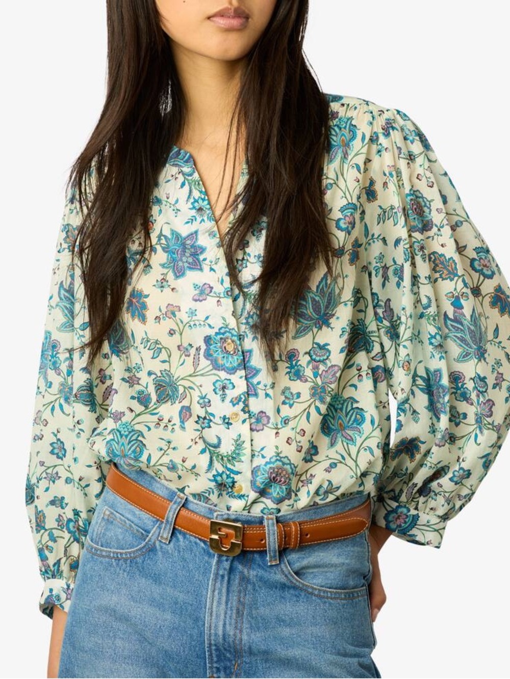 Gerard Darel- Alexine blue Floral Button-Up Blouse